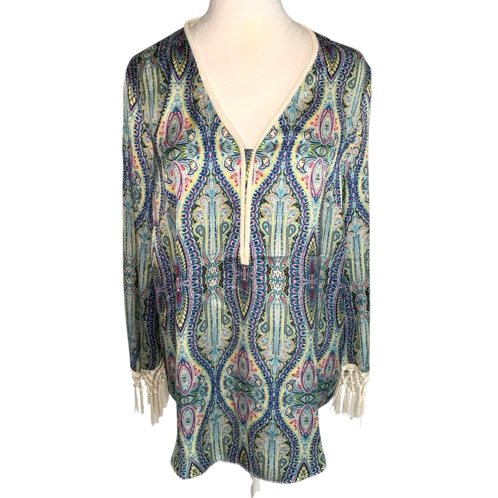 Boston Proper Top 10 Colorful Silky Paisley Print Fringe Trim Boho Festival